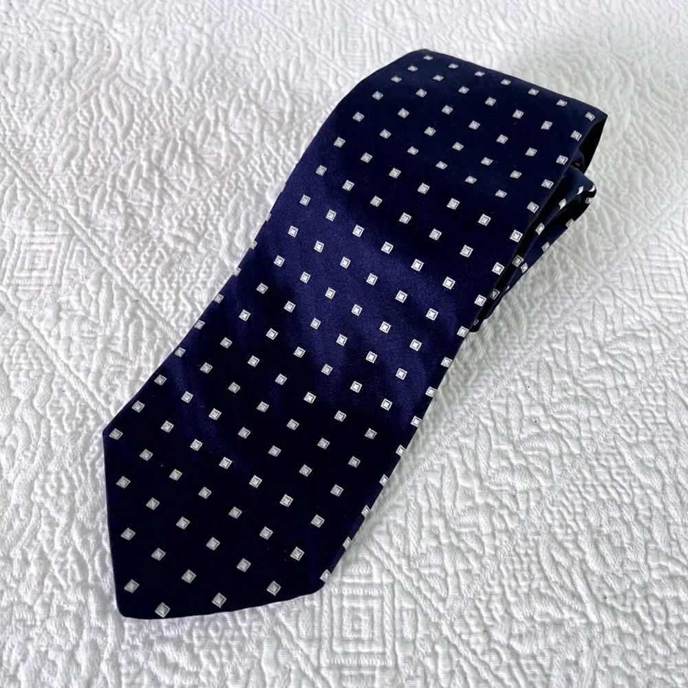 Tommy Hilfiger Silk Tie OS Mens Geometric Square Pin Dot Navy Blue Preppy USA